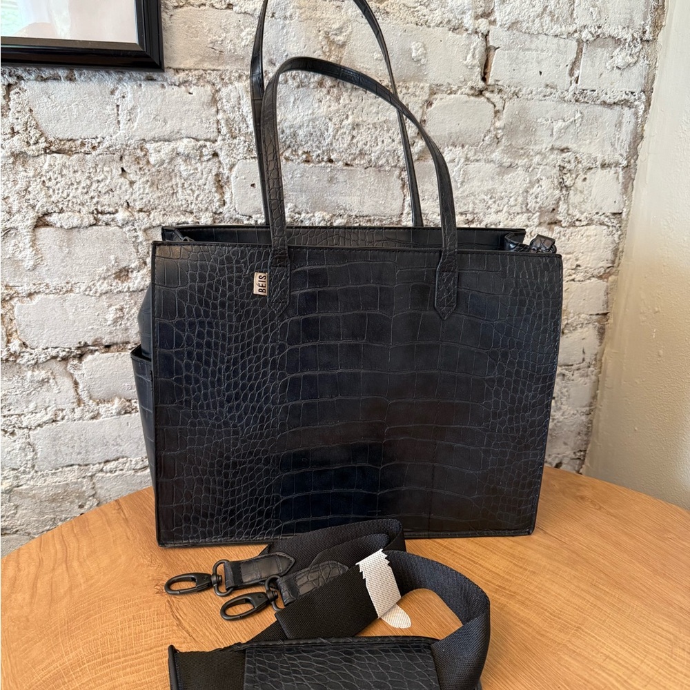 Béis The Work Tote in Black Croc (regular size)